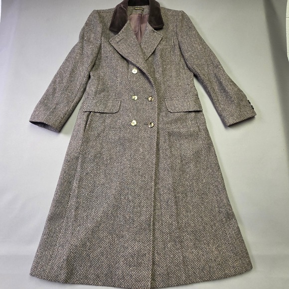 MG Kinsler Jackets & Blazers - Vintage MG Kinsler Wool Herringbone Coat Velvet Collar Grey Brown USA Made ILGWU